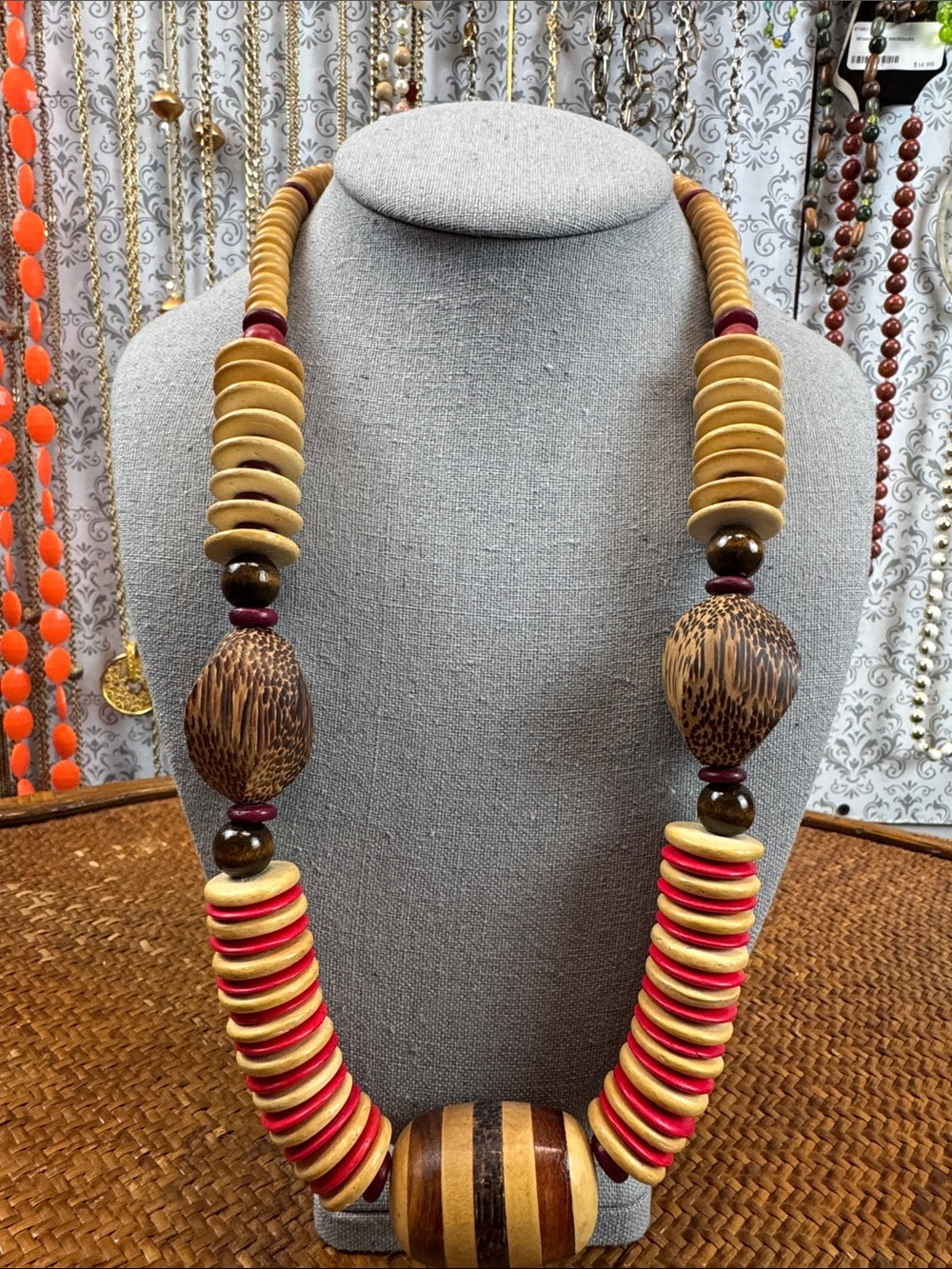 Handcrafted Chunky Multicolor Wood Bohemian Style Bead Statement Necklace